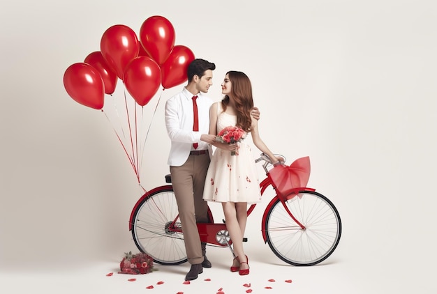 couple standing on side of bike with valentine s day balloons in the style of studio photography