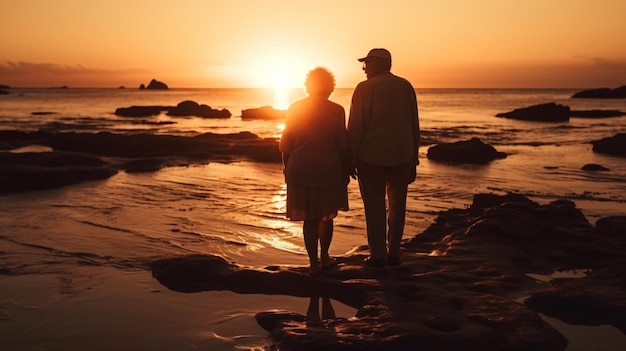 A couple stands on a beach at sunset, looking out to the ocean.