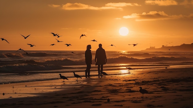 A couple stands on a beach with birds flying in the sky.