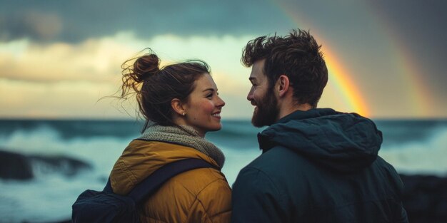 Photo a couple stands closely on a rocky beach with a rainbow in the background