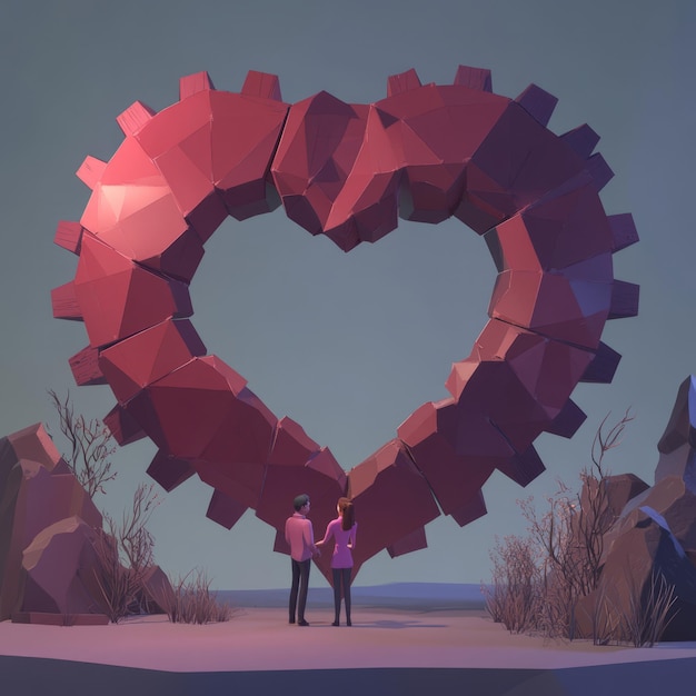 Photo a couple stands handinhand beneath a giant polygonal heartshaped sculpture