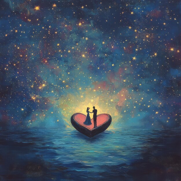 Photo a couple stands on a heartshaped island under a starry night sky