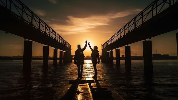 A couple stands on a pier with their hands up in the airgenerative ai