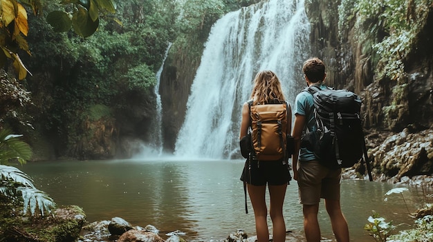 A couple stands with their backs to the camera admiring a stunning waterfall in a lush tropical setting