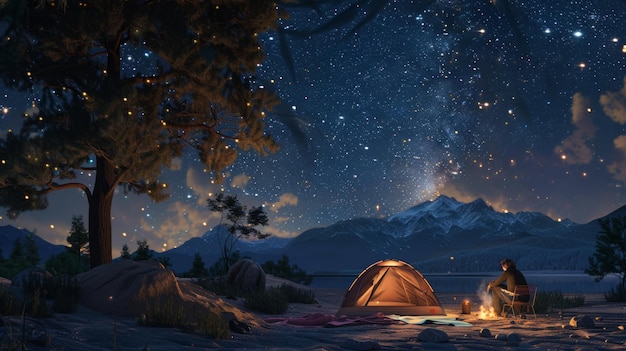 A couple star gazing outside their tent blanket spread on the ground night sky filled with stars romantic and aweinspiring mood photorealistic