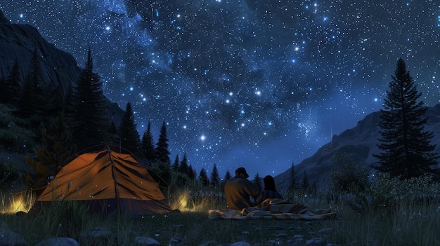 A couple star gazing outside their tent blanket spread on the ground night sky