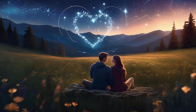 A couple stargazing in a meadow with constellations forming a heart shape above