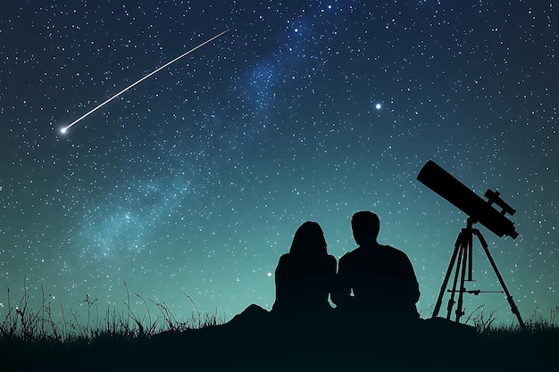 Photo couple stargazing under a night sky with a telescope and shooting star