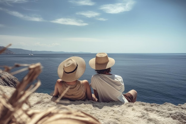 Couple in straw hats looking out over the beach Generative AI