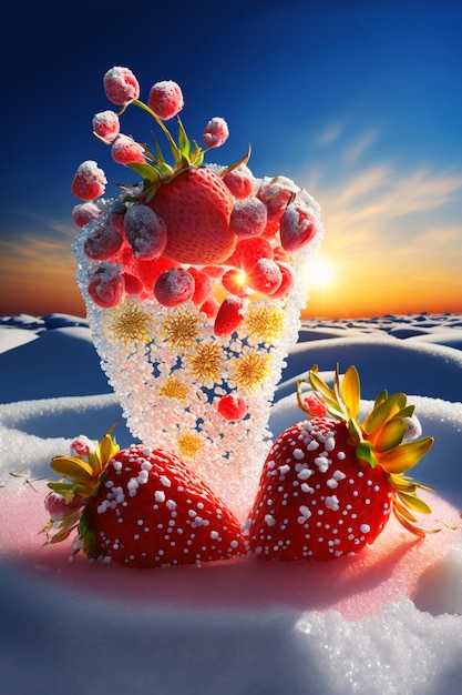 Couple of strawberries sitting on top of a snow covered ground Generative Ai