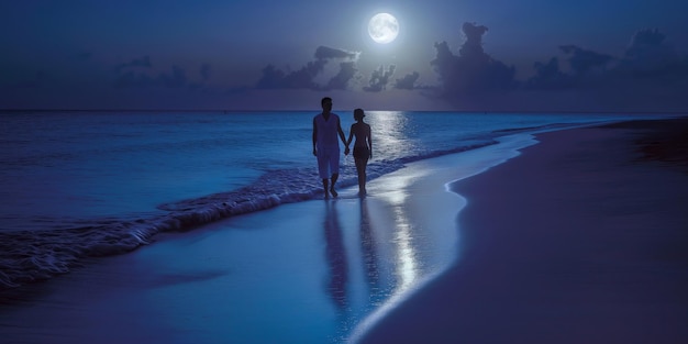 Couple strolling by electric blue ocean under moonlit sky