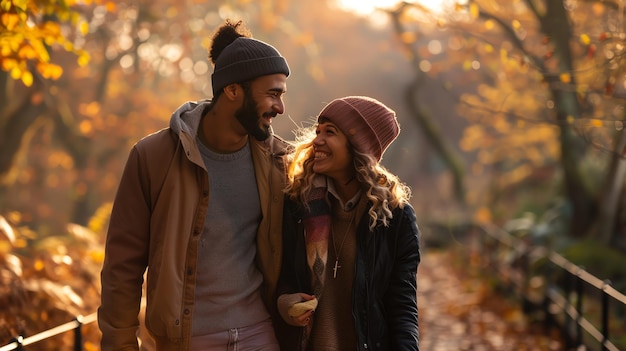 A couple strolls through a path lined with golden autumn leaves sharing a loving gaze