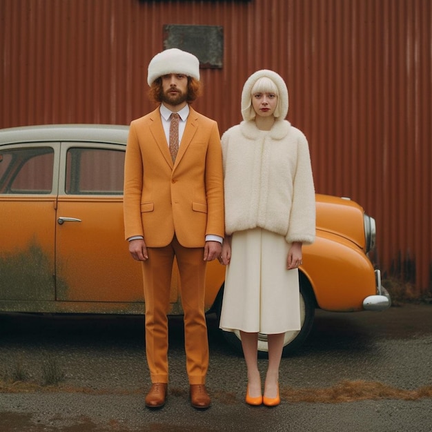 a couple in suits and hats stand next to a car with a sign that says " they are standing in front of it "