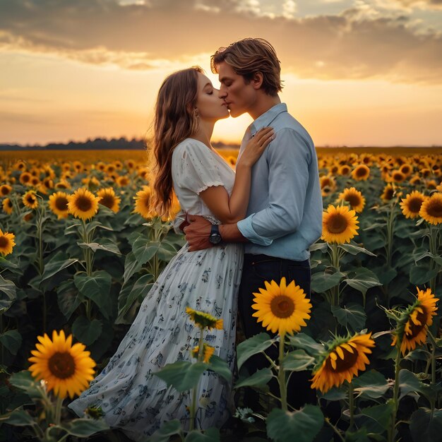 a couple in a sunflower field with a man kissing