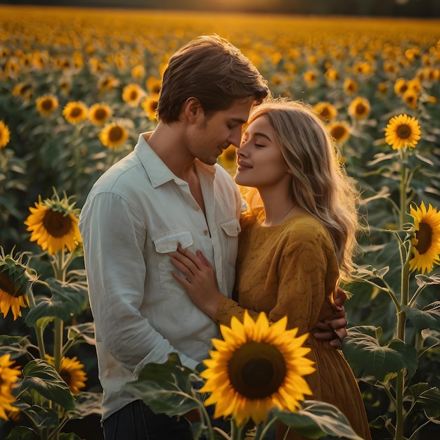 a couple in a sunflower field with a man and woman kissing