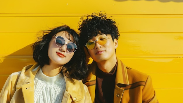 Couple in Sunglasses in Front of a Yellow Wall