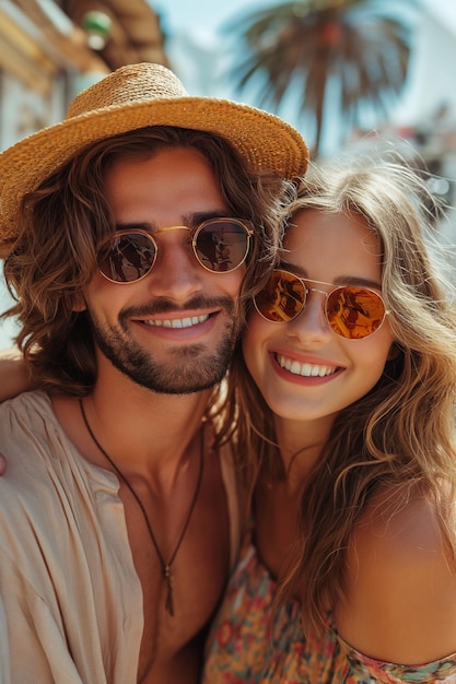 couple in sunglasses hugging and laughing in pastel colors against the backdrop of skyscrapers