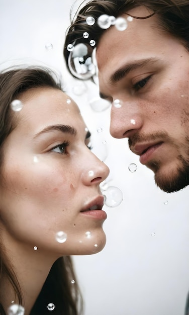 couple surrounded by clear bubbles white background cinematic composition highly detailed