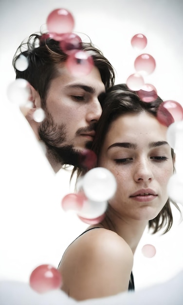 couple surrounded by clear bubbles white background cinematic composition highly detailed