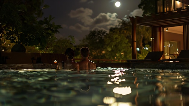 Couple swimming in hotel pool at night