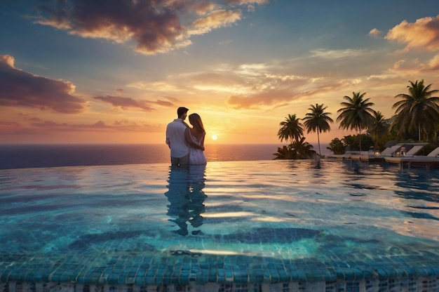 a couple in a swimming pool with palm trees in the background