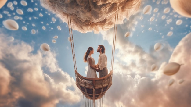 A couple in a swing with clouds and the words love on it