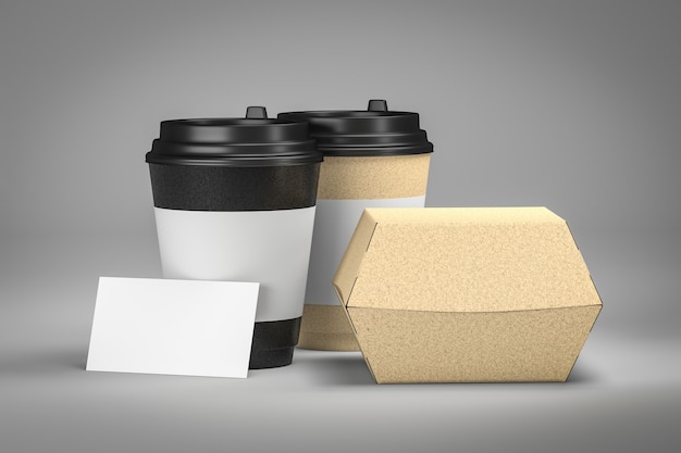 Couple take away coffee cup and snack burger box 3d render