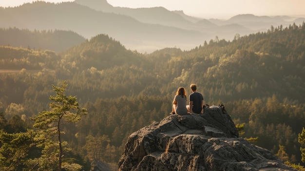 A couple taking a break on a large rock enjoying a snack and view