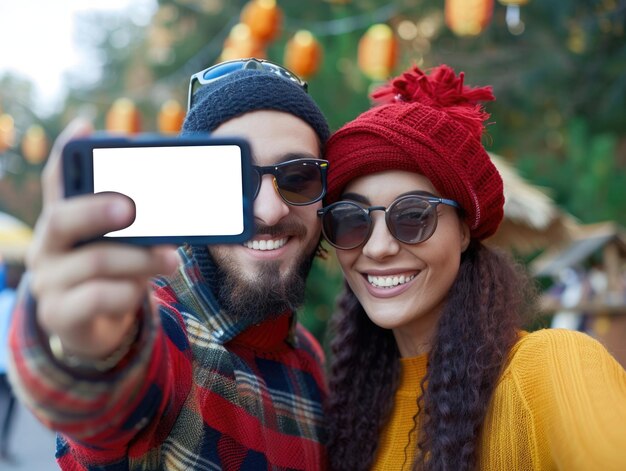 Photo couple taking selfie on smartphone ai generated