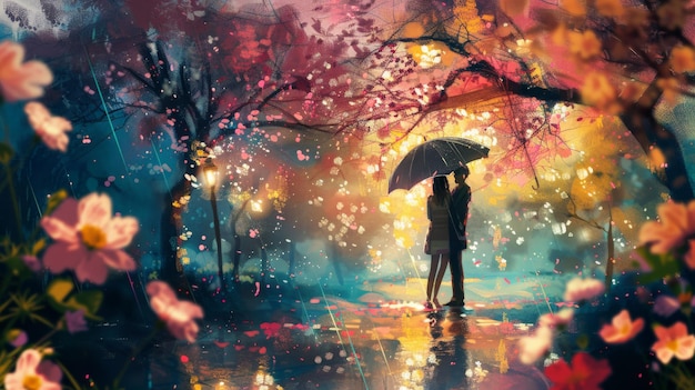 A couple taking shelter under a single umbrella sharing a romantic moment amidst a spring drizzle surrounded by blooming flowers and the fresh scent of rain