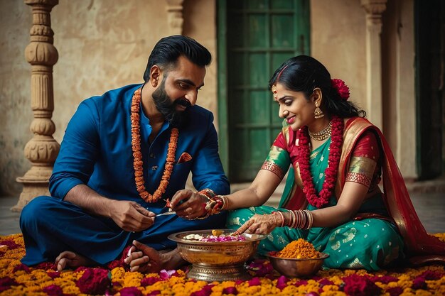 a couple in a temple with a bowl of flowers and a man wearing a blue shirt