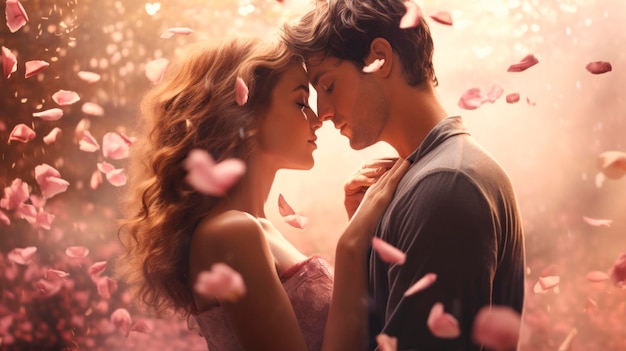 Couple in a tender embrace surrounded by falling pink rose petals Romantic moment Ideal as a postcard for Valentines Day wedding anniversary or love story themes Concept of romance and intimacy