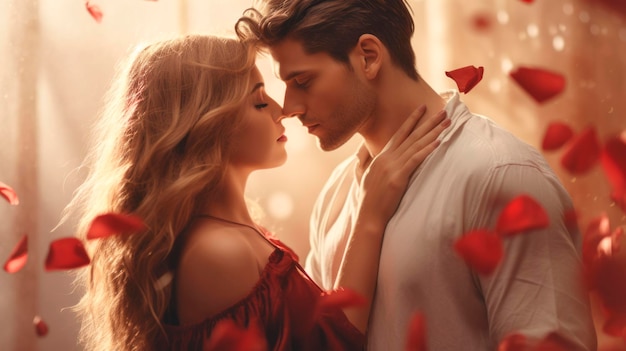 Couple in tender embrace surrounded by falling red rose petals romantic moment ideal as a postcard