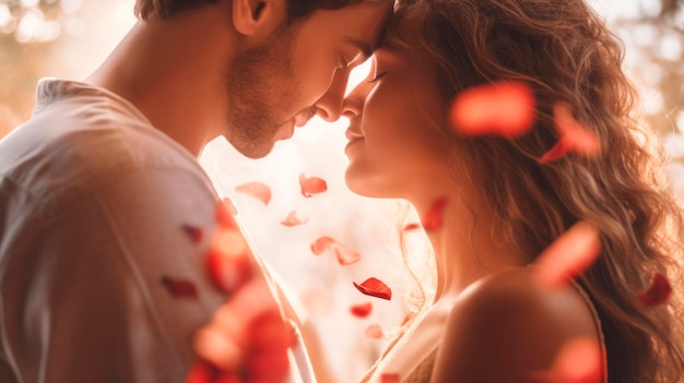 Couple in a tender embrace surrounded by falling red rose petals romantic moment ideal as postcard