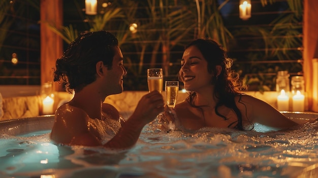 Couple toasting champagne in hotel jacuzzi