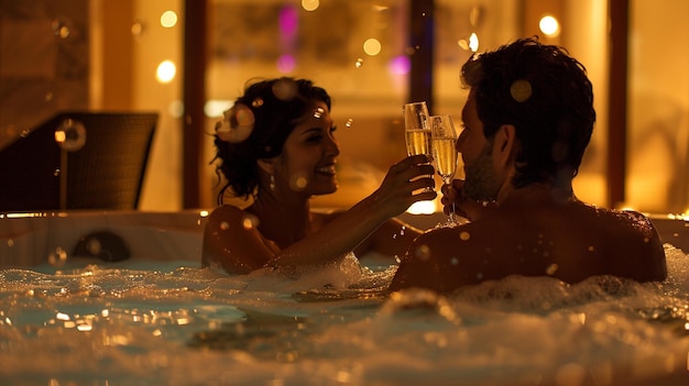 Couple toasting champagne in hotel jacuzzi