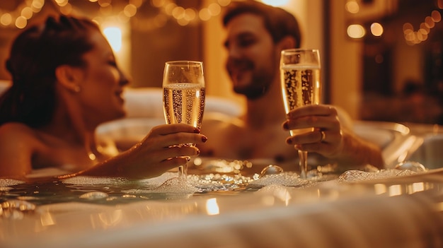 Couple toasting champagne in hotel jacuzzi