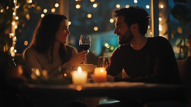 A couple toasting each other with wine glasses in a romantic setting