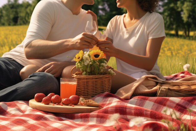 Couple toasting on a picnic blanket