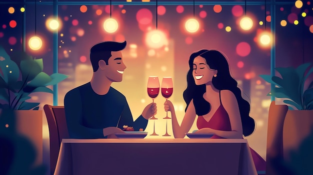 A couple toasting with wine at a romantic dinner