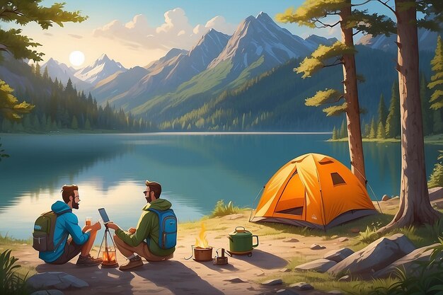 Couple tourists enjoying camping by the lake