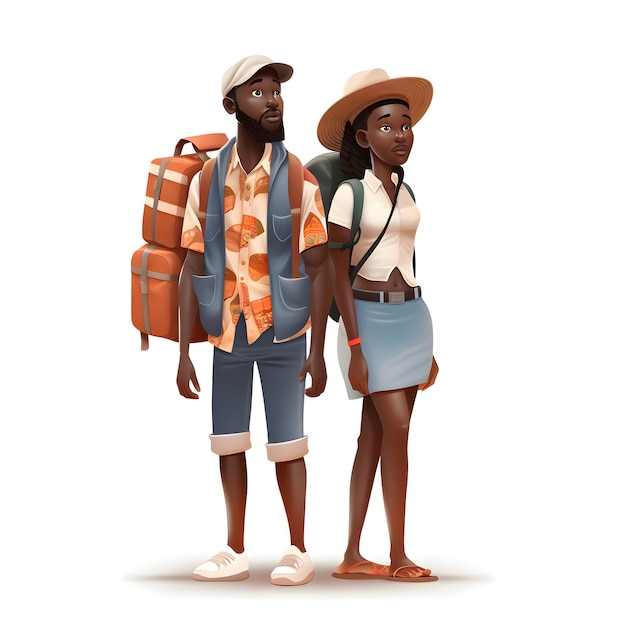 Couple of tourists with suitcases standing on a white background