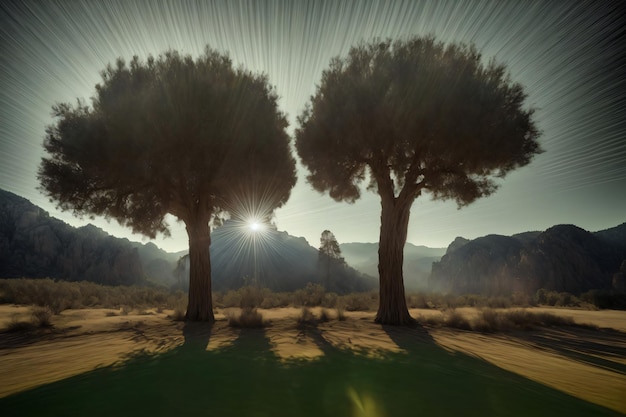 A Couple Of Trees That Are Standing In The Grass