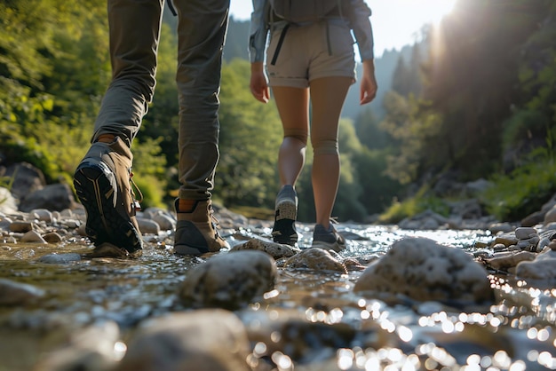 Couple trekking in sunny wilderness walking along rocky riverbed hiking and camping holidays Low section shot