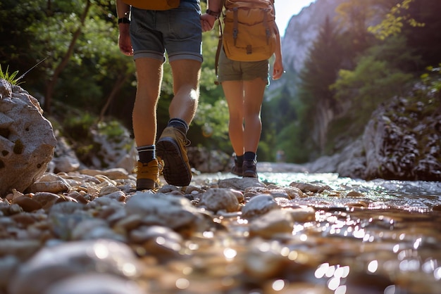 Couple trekking in sunny wilderness walking along rocky riverbed hiking and camping holidays Low section shot