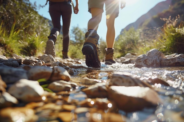 Couple trekking in sunny wilderness walking along rocky riverbed hiking and camping holidays Low section shot