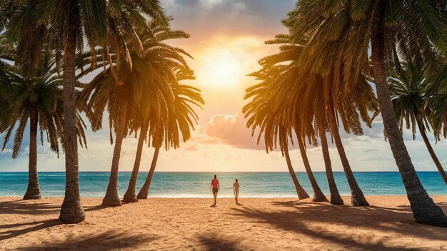 a couple on a tropical beach with palm trees in the background