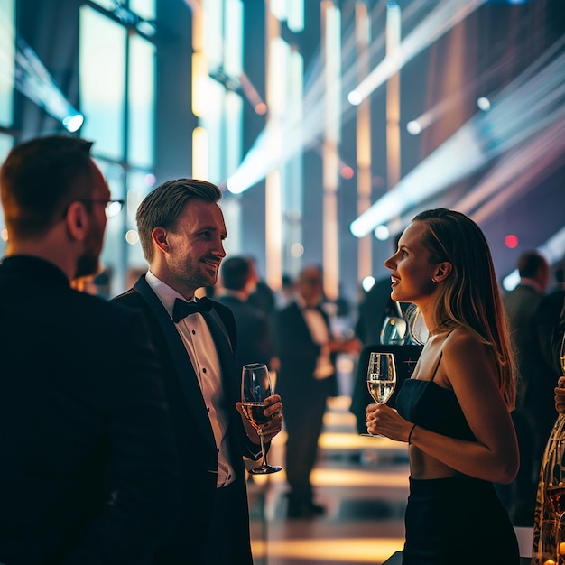 a couple in tuxedos are drinking wine in a room with a man wearing a bow tie