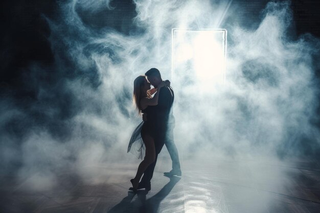 Photo couple of two professional ballroom dancers is dancing on loft studio beautiful art performance wit