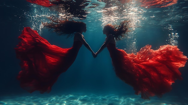 Photo couple two women swim underwater girl fantasy mermaid river nymph long dress tail si generative ai